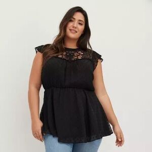 Peplum Chiffon Clip Dot Crochet Trim Top